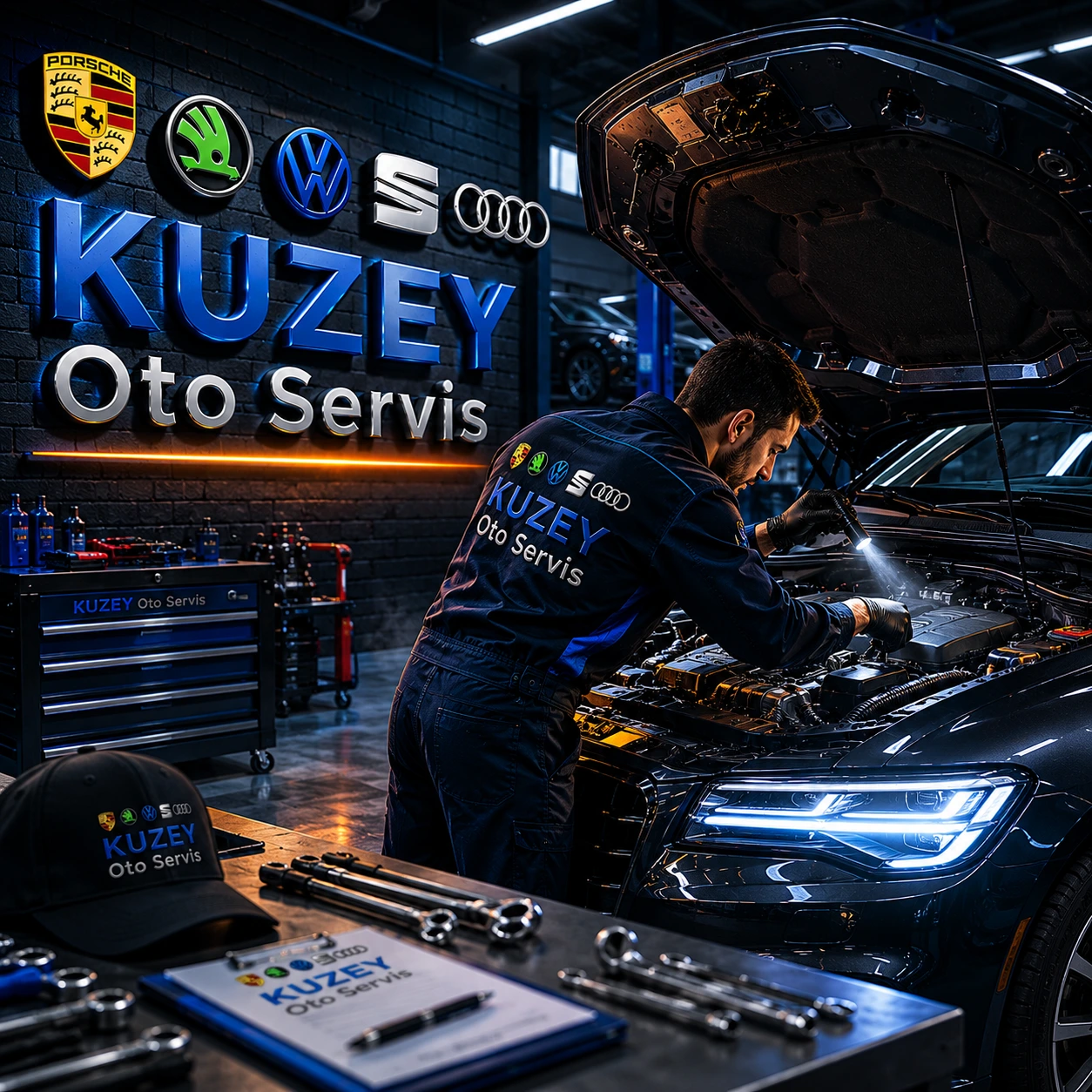 Kuzey Oto Servis teknisyeni Skoda araca müdahale ederken